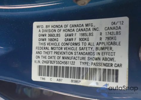 2012 Honda Civic Lx из США, поврежденный, VIN 2HGFB2F55CH561122